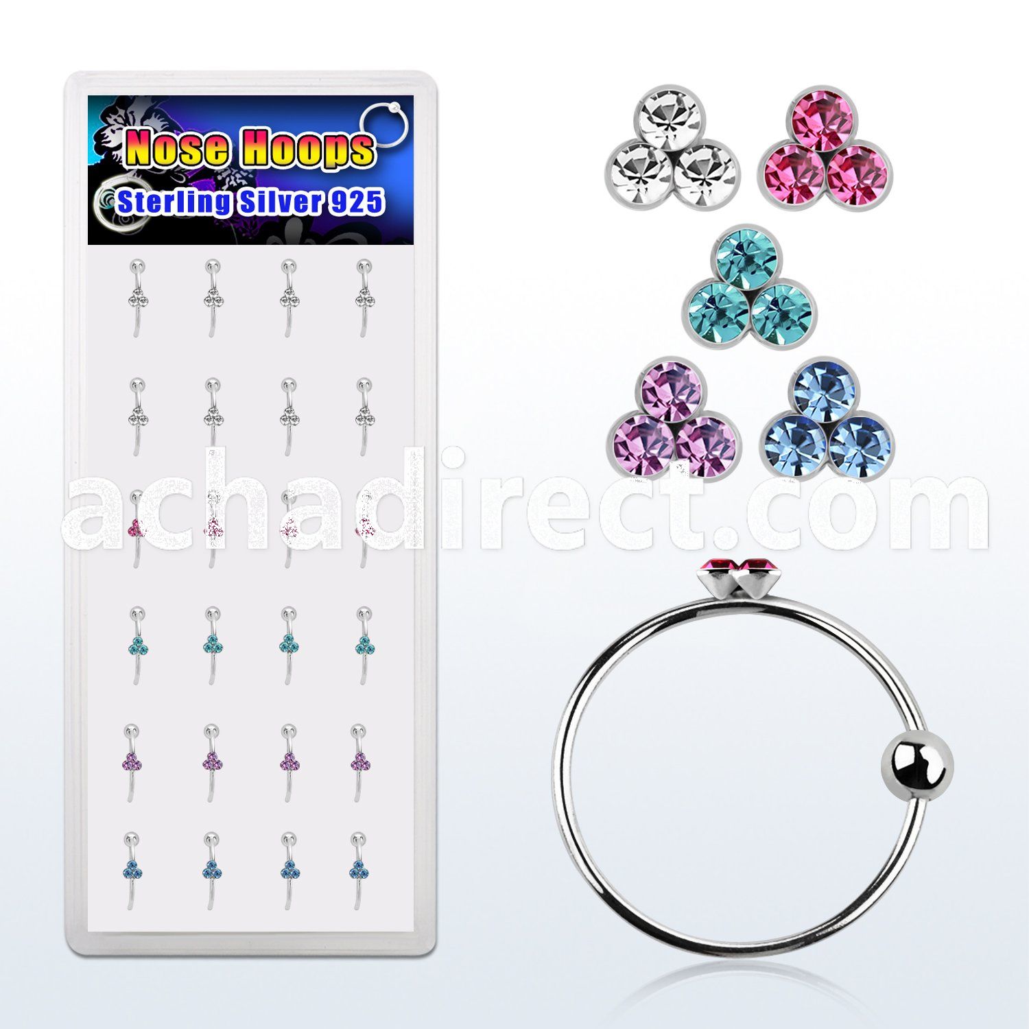dnstrm box of 10mm silver hoop nose rings w tri color crystal
