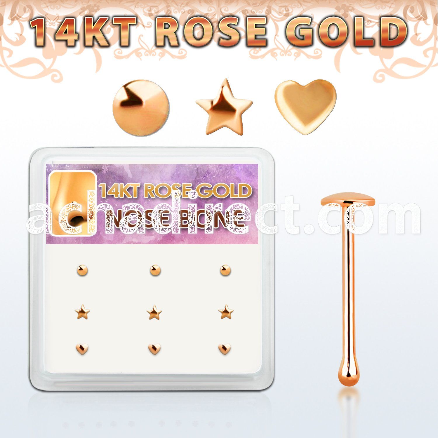 drnb10 box w 14kt rose gold nose bones w star, heart ,disc top