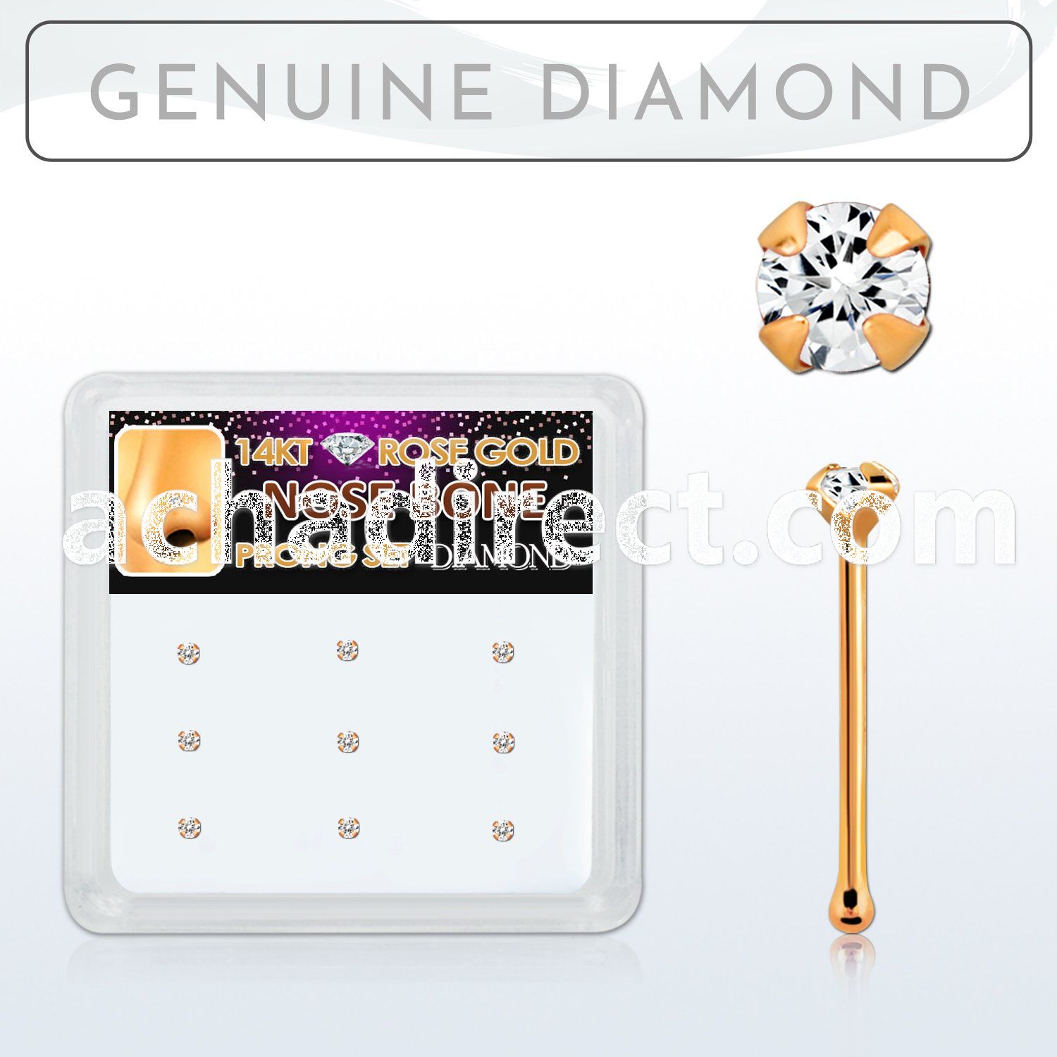 drnb15 box w 9 14kt rose gold nose bones w 1.5mm real diamonds