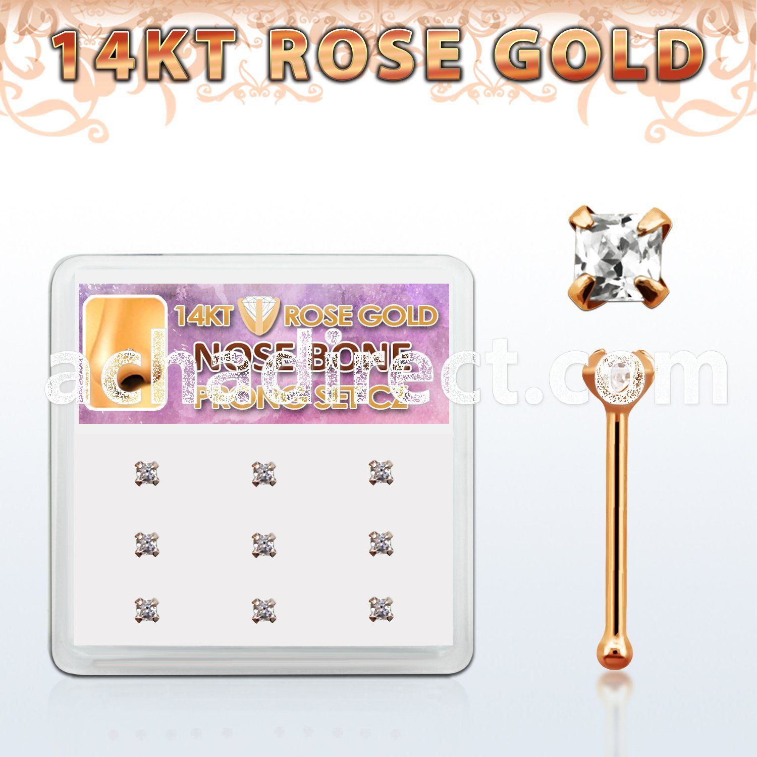 drnb19 box w 9 14kt rose gold nose bones w 2mm square cz stones