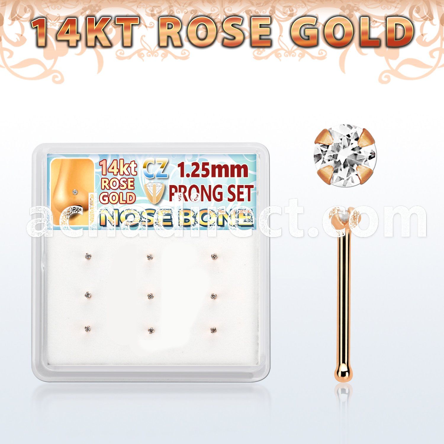 drnb26 box w 14kt rose gold nose bones w 1.25mm clear round cz 