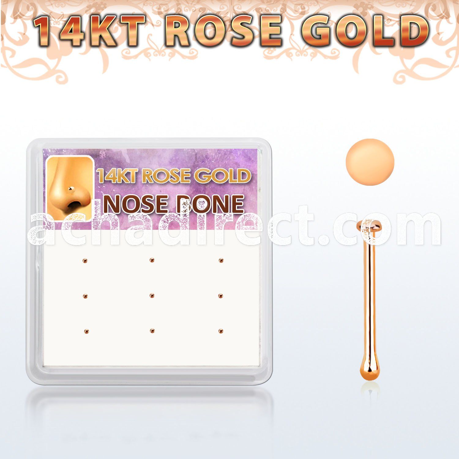 drnb27 box w 12 14kt rose gold nose bones w round flat top