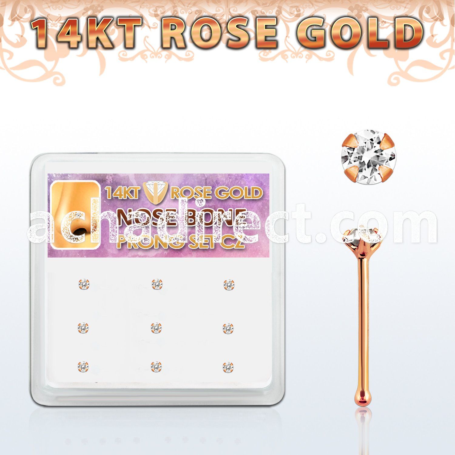 drnb7 box w 9 14kt rose gold nose bones w 1.5mm round cz stone
