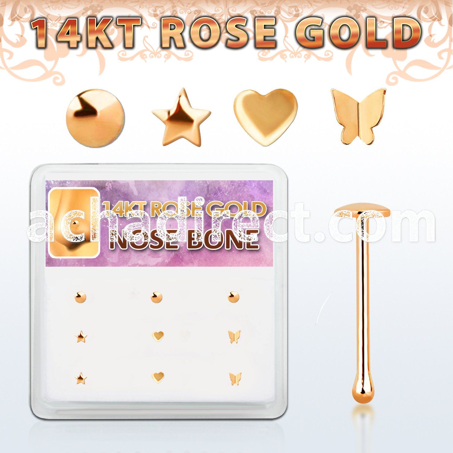 drnb9 box w 9 14kt rose gold nose bones w assorted tops