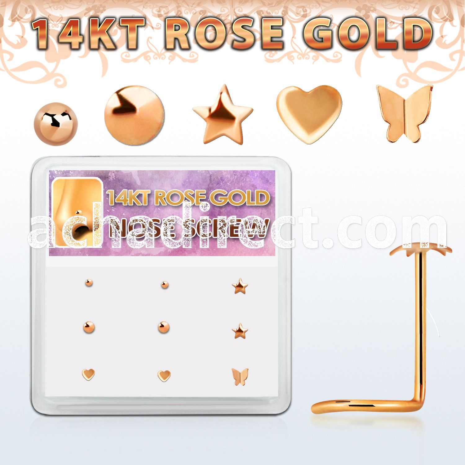 drsc19 box w 9 14kt rose gold nose screws w assorted shaped top