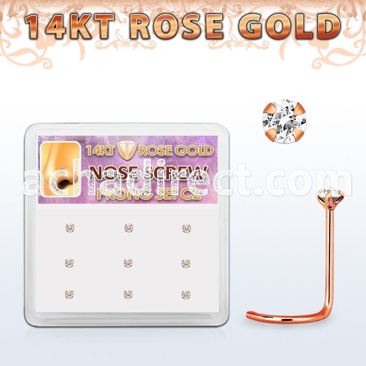 drsc2 box w 9 14kt rose gold nose screws w 1.5mm czs