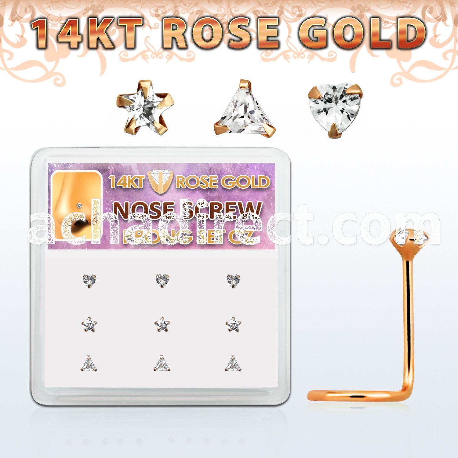 drsc9 box 14kt rose gold nose screws w cz stone in mix shape