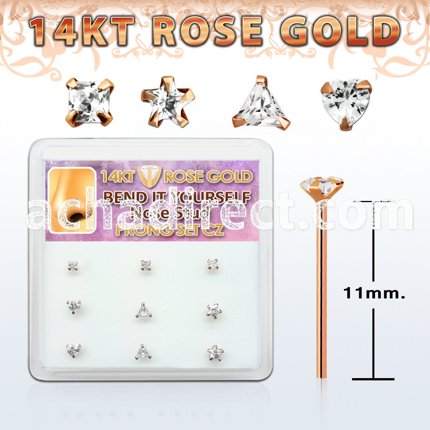 drys13 box w 9 14kt rose gold nose bones w mix shape czs 
