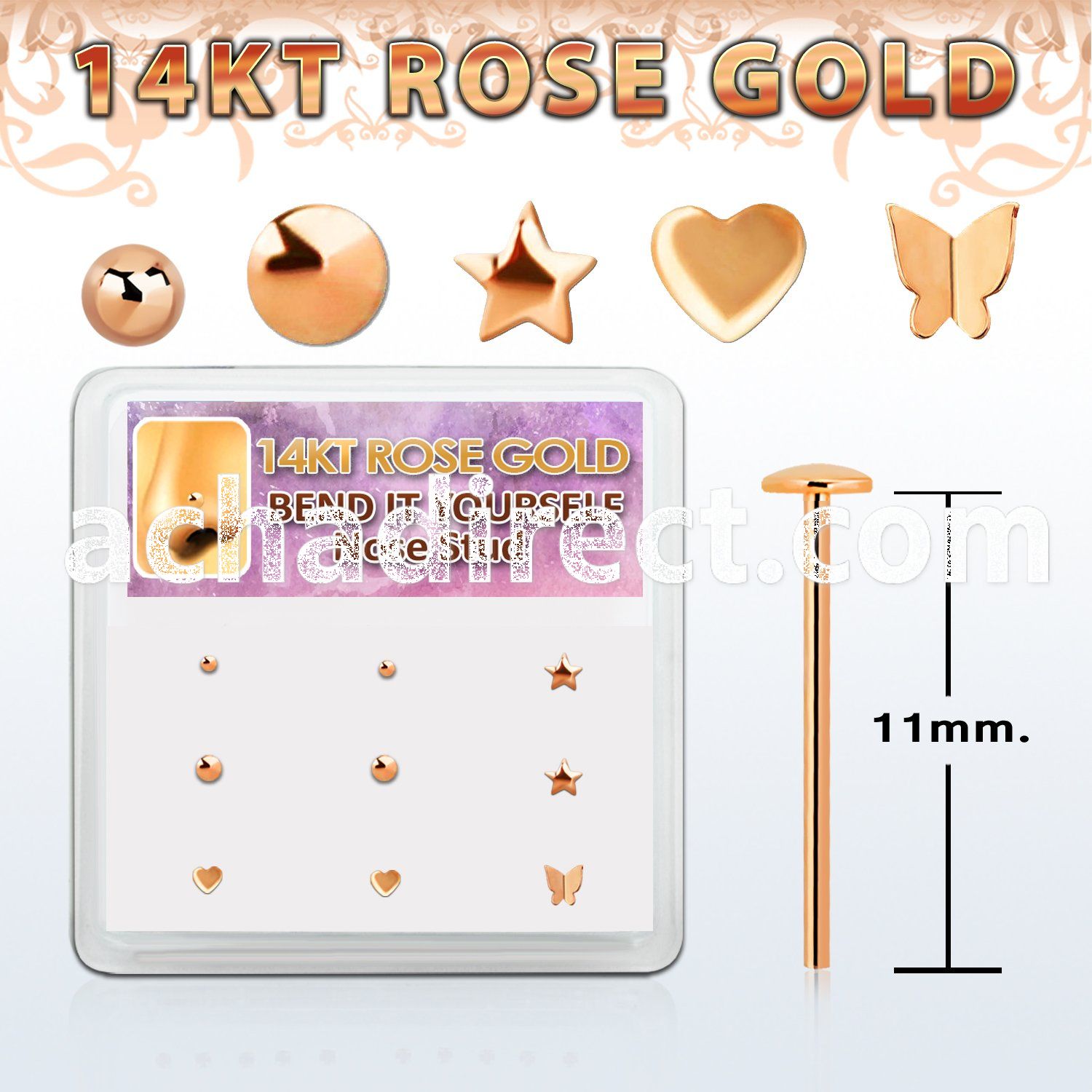 drys16 box w 9 14kt rose gold bend it nose studs w mixed top