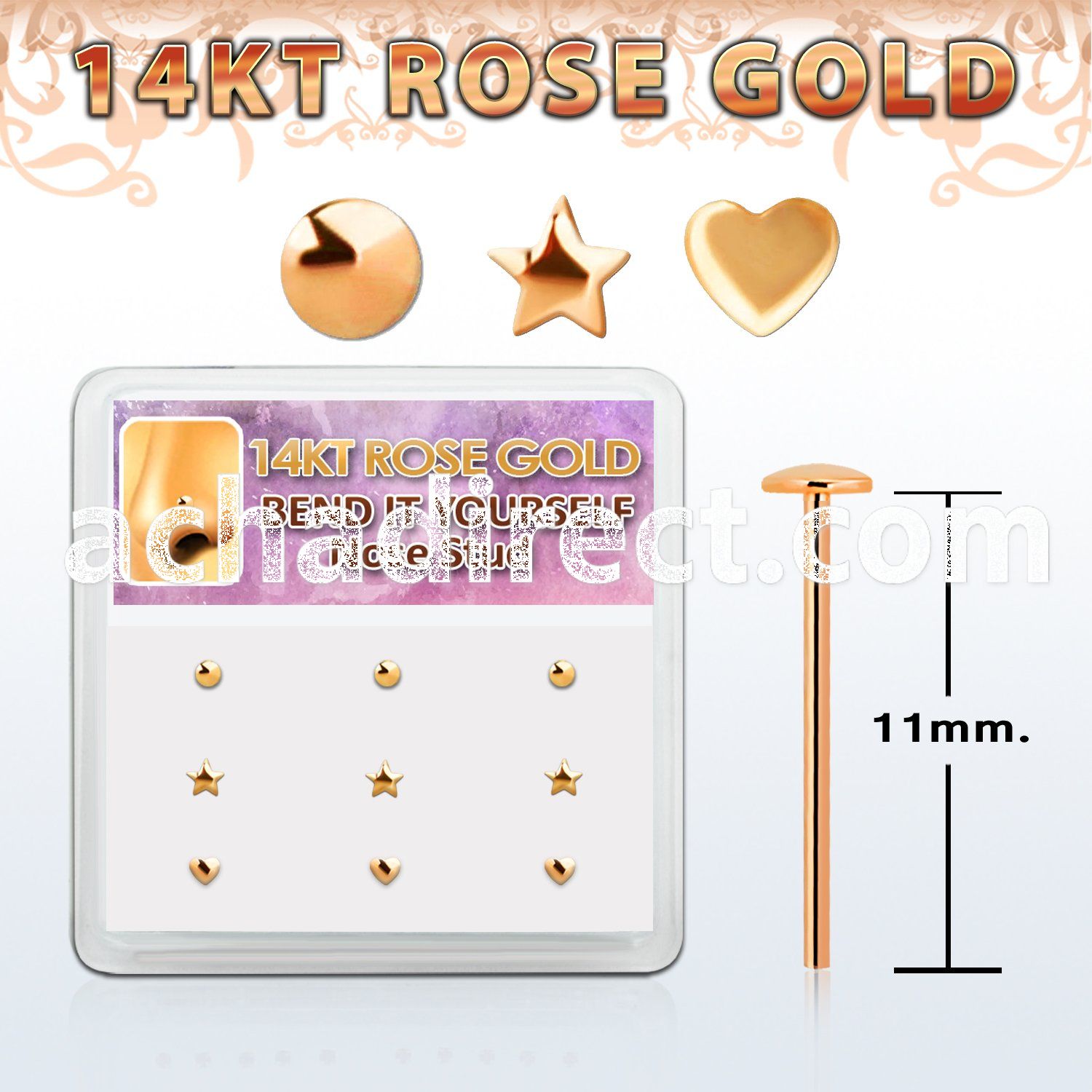 drys1 box 14kt rose gold bend it nose stud w mix shaped top