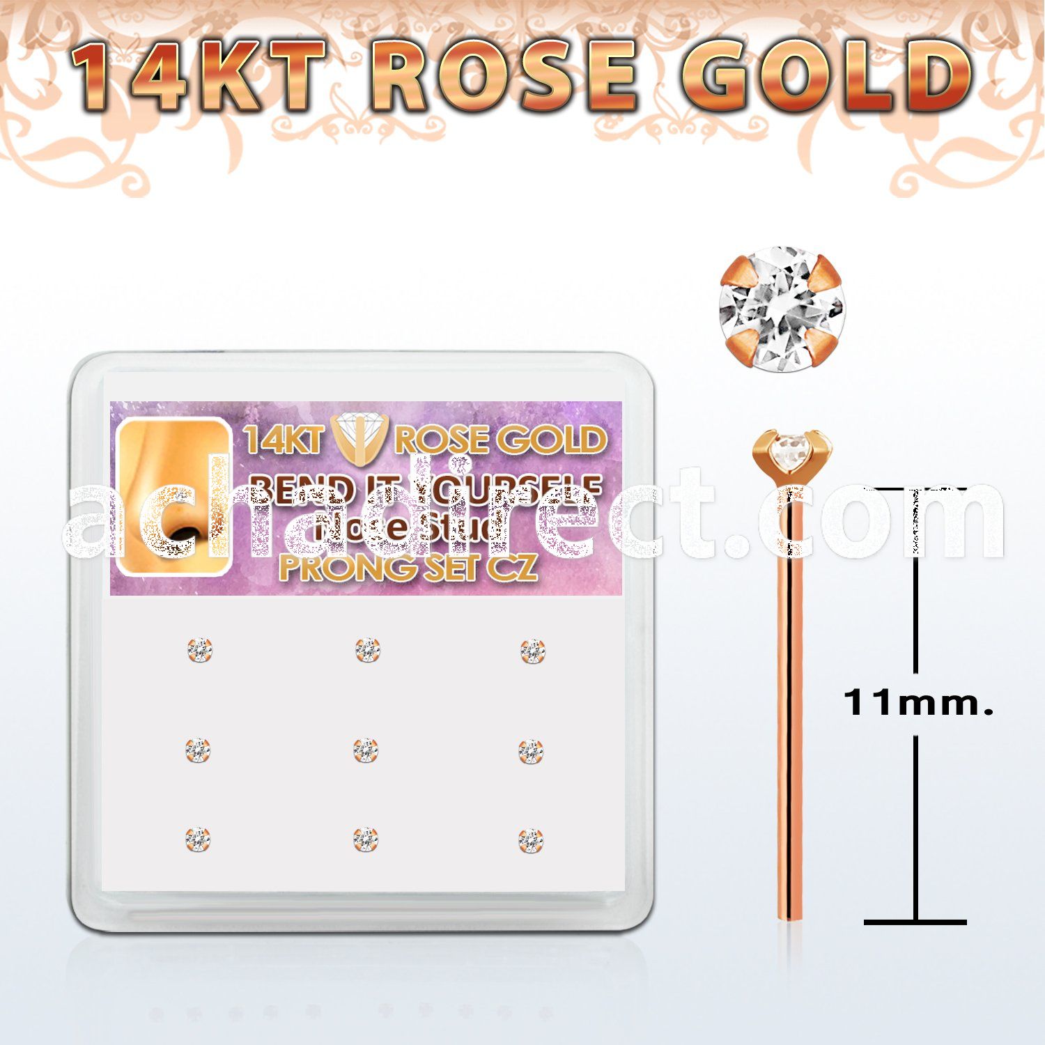 drys20 box w 9 14kt rose gold bend it nose stud w 1.5mm czs