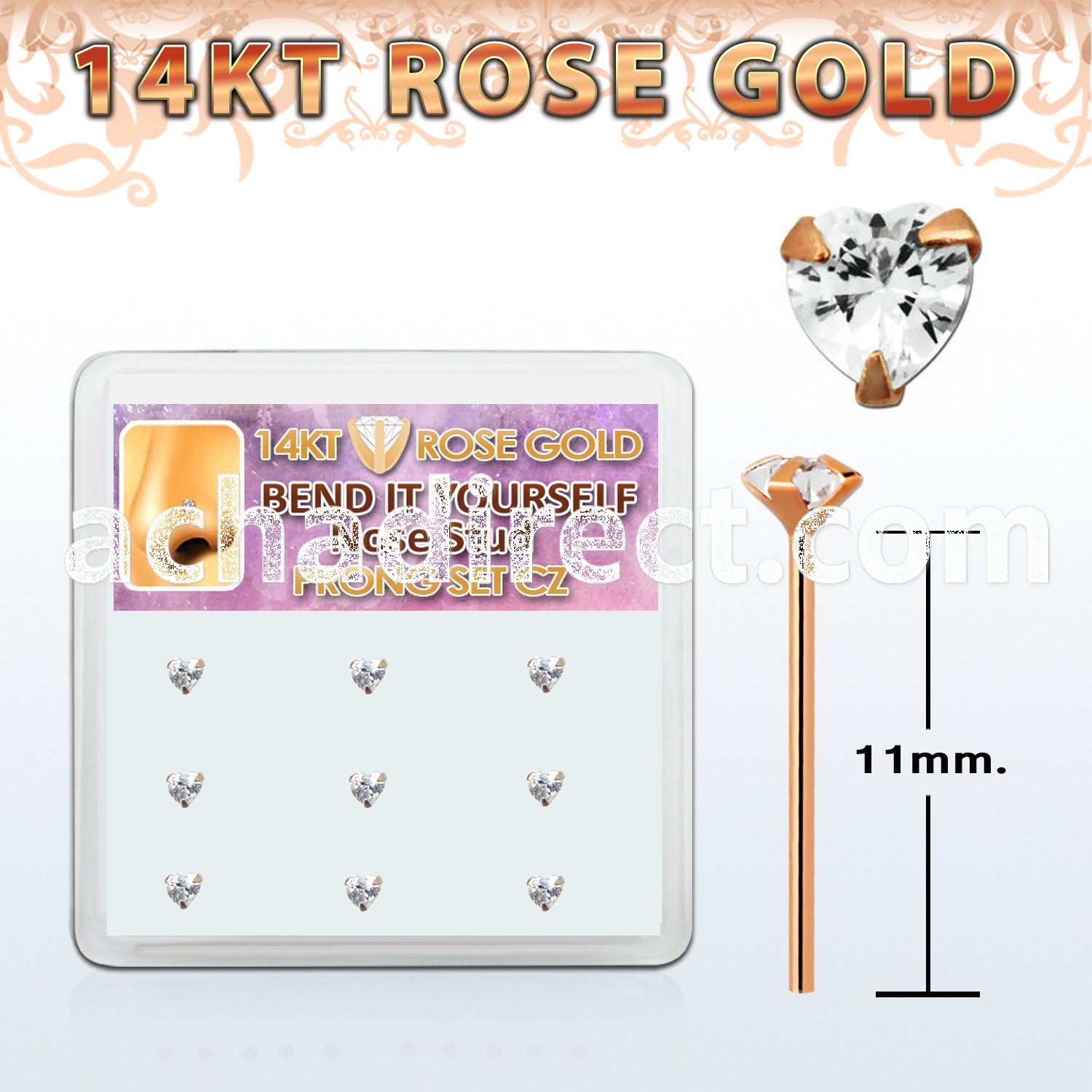 drys22 box 14kt rose gold bend it nose stud w heart shaped czs