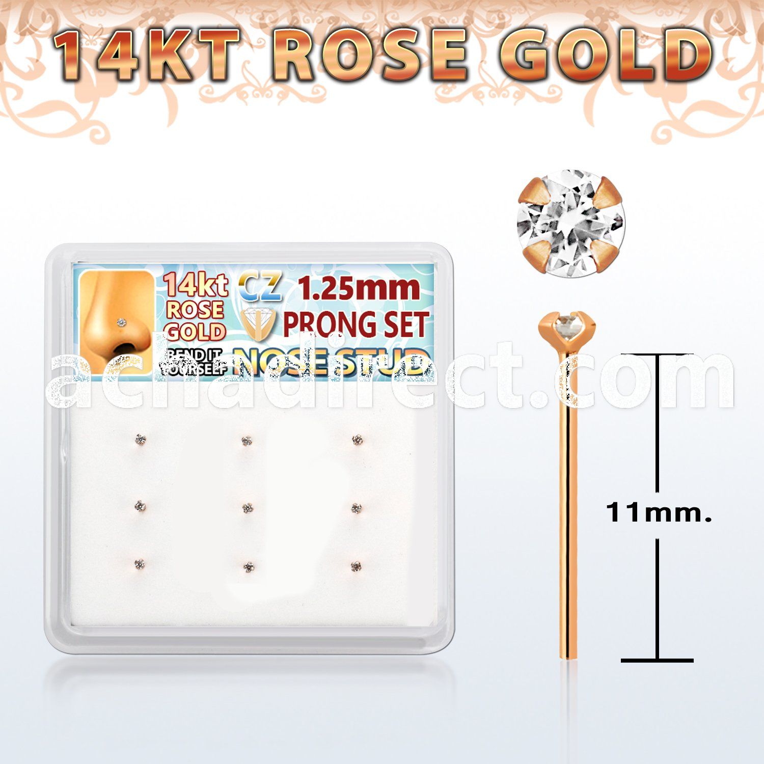 drys26 box w 14kt rose gold bend it nose stud w 1.2mm clear cz 