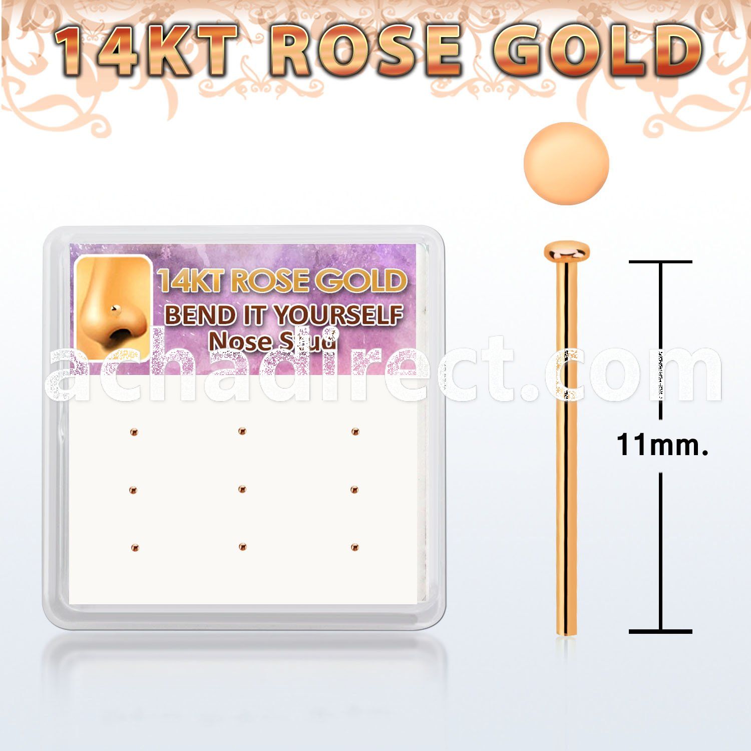 drys27 box w 14kt rose gold bend it nose stud round flat top