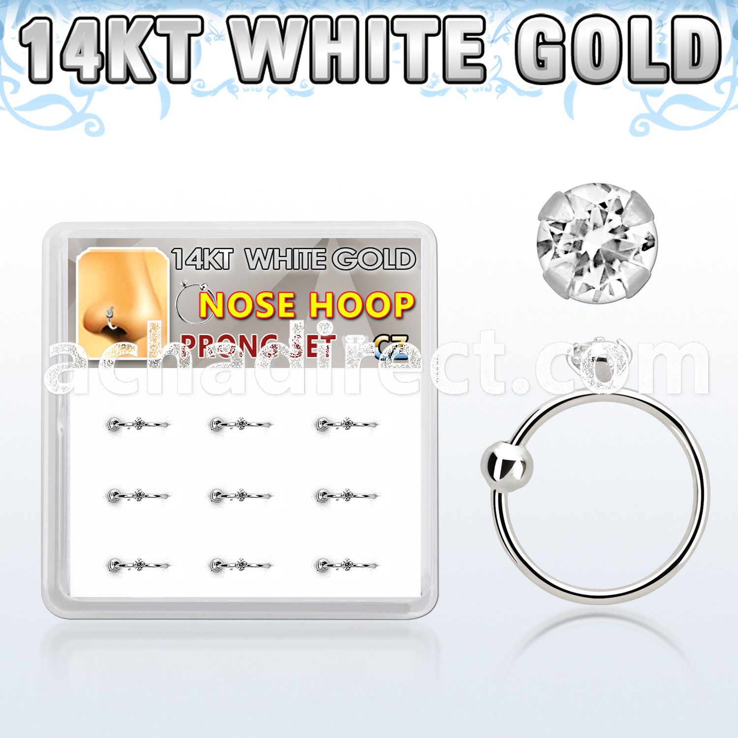 dw14nh5 box w 14kt white gold nose hoop w a 2mm clear cz stone