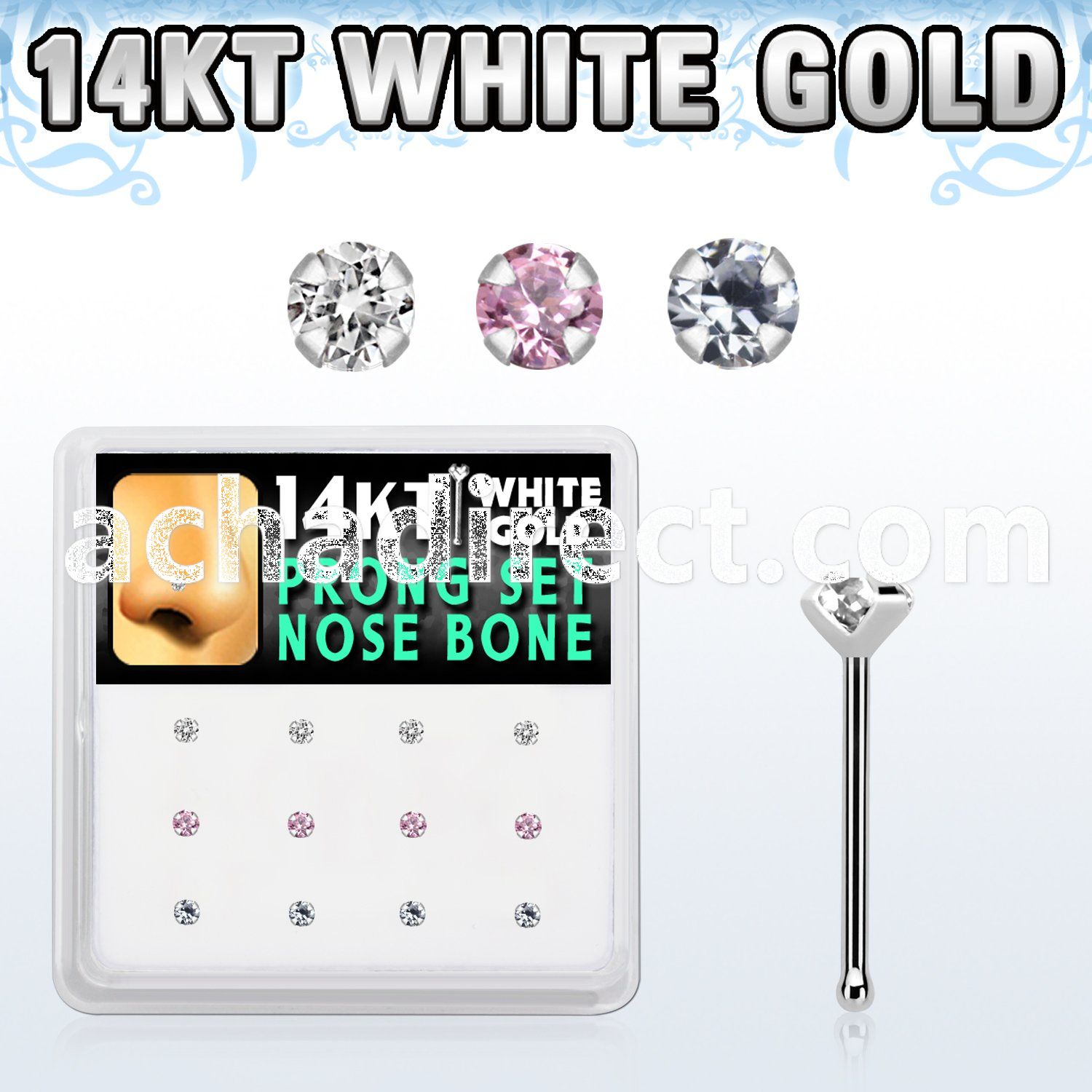 dwnb10 box w 14kt white gold nose screw w prong set 2mm mix czs