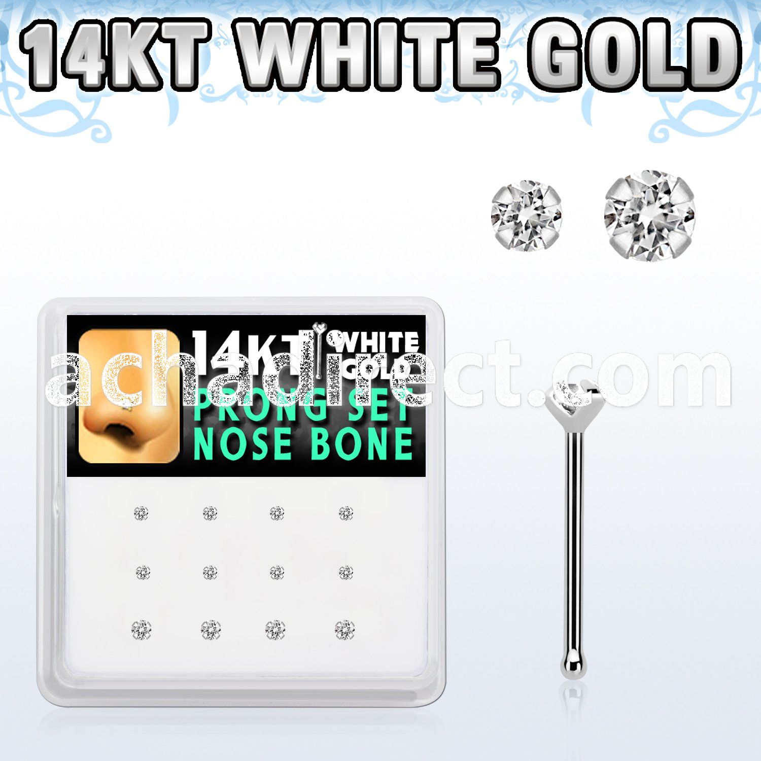 dwnb11 box w 14kt white gold nose bone w prong set 1.5 2mm cz