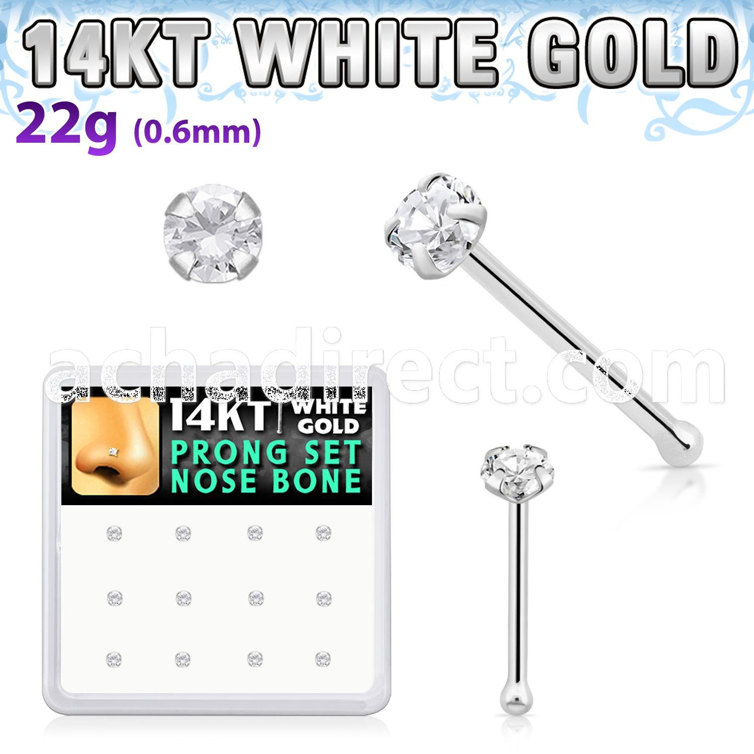 dwnb1 box of 14kt white gold nose bones w 2mm prong set cz