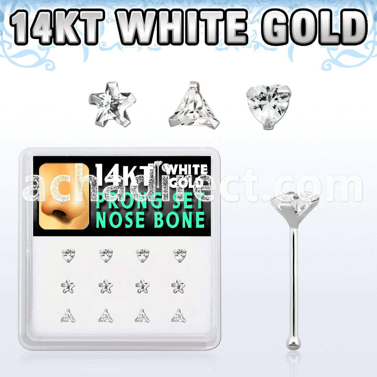 dwnb9 box w 14kt white gold nose bone w mix shaped czs