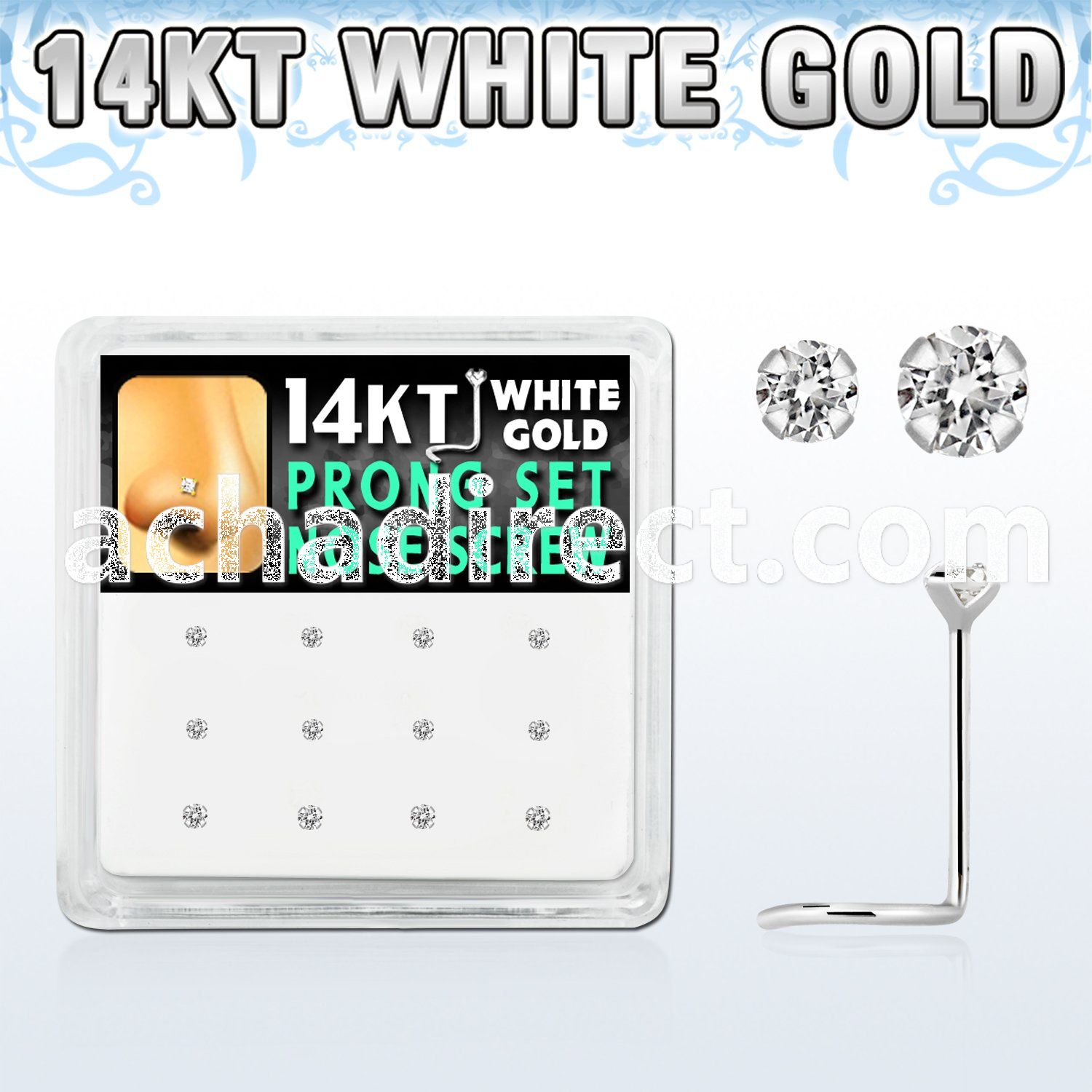 dwsc11 box w 12 pcs of 14kt white gold nose screw w 1.52 mm cz