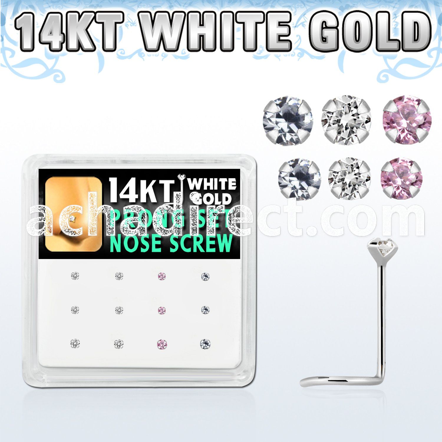 dwsc12 box w 12 pc of 14kt white gold nose screw w 1.52mm czs