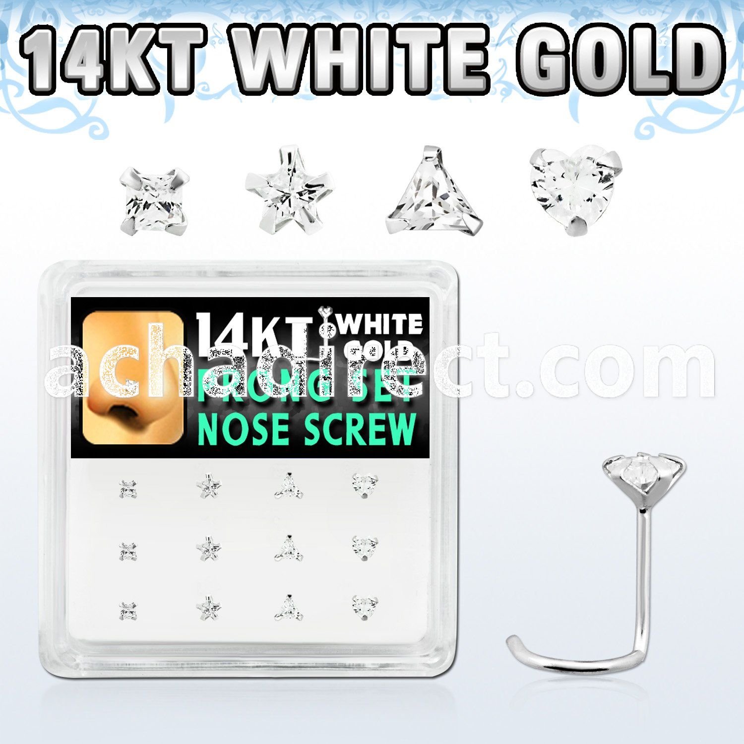 dwsc13 box w 12 pc of 14kt white gold nose screw w assorted czs