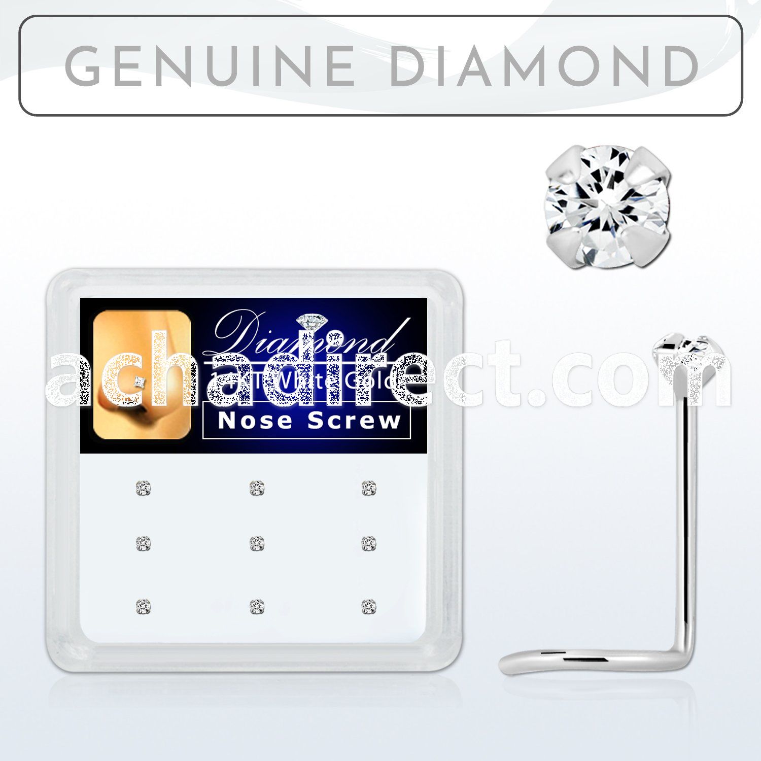 dwsc15 box w 9 pc of 14kt white gold nose screw w 1.5mm diamond