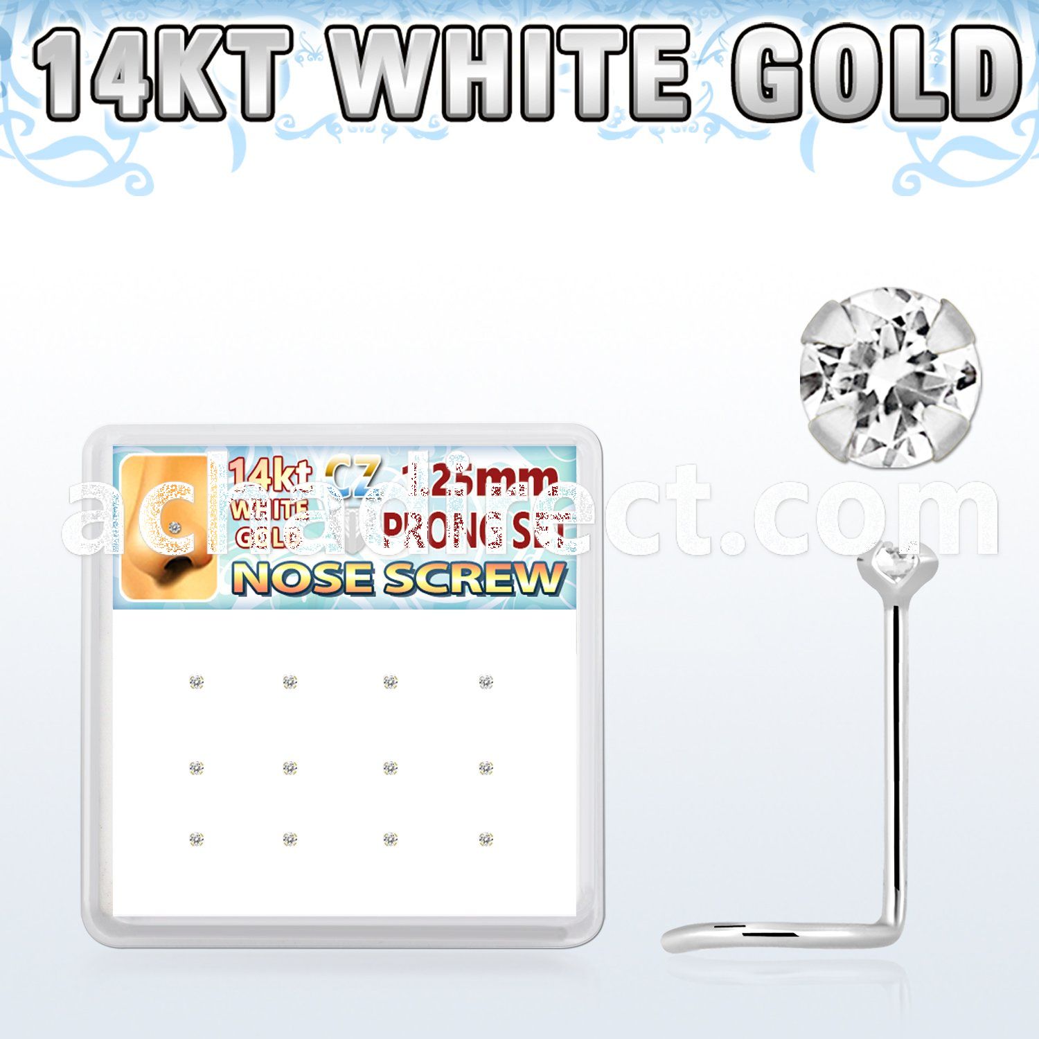 dwsc22 box w 14kt white gold nose screw w 1.2mm clear round cz 