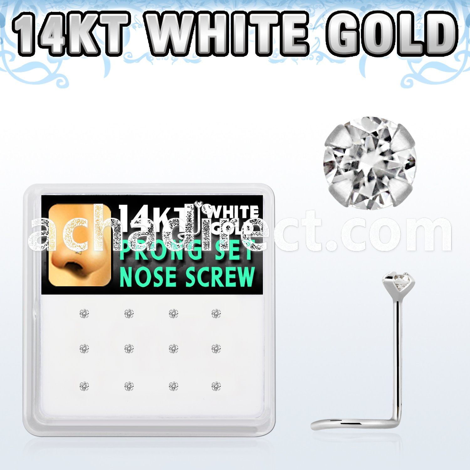 dwsc3 box of 14kt white gold nose screws w 2mm prong set cz