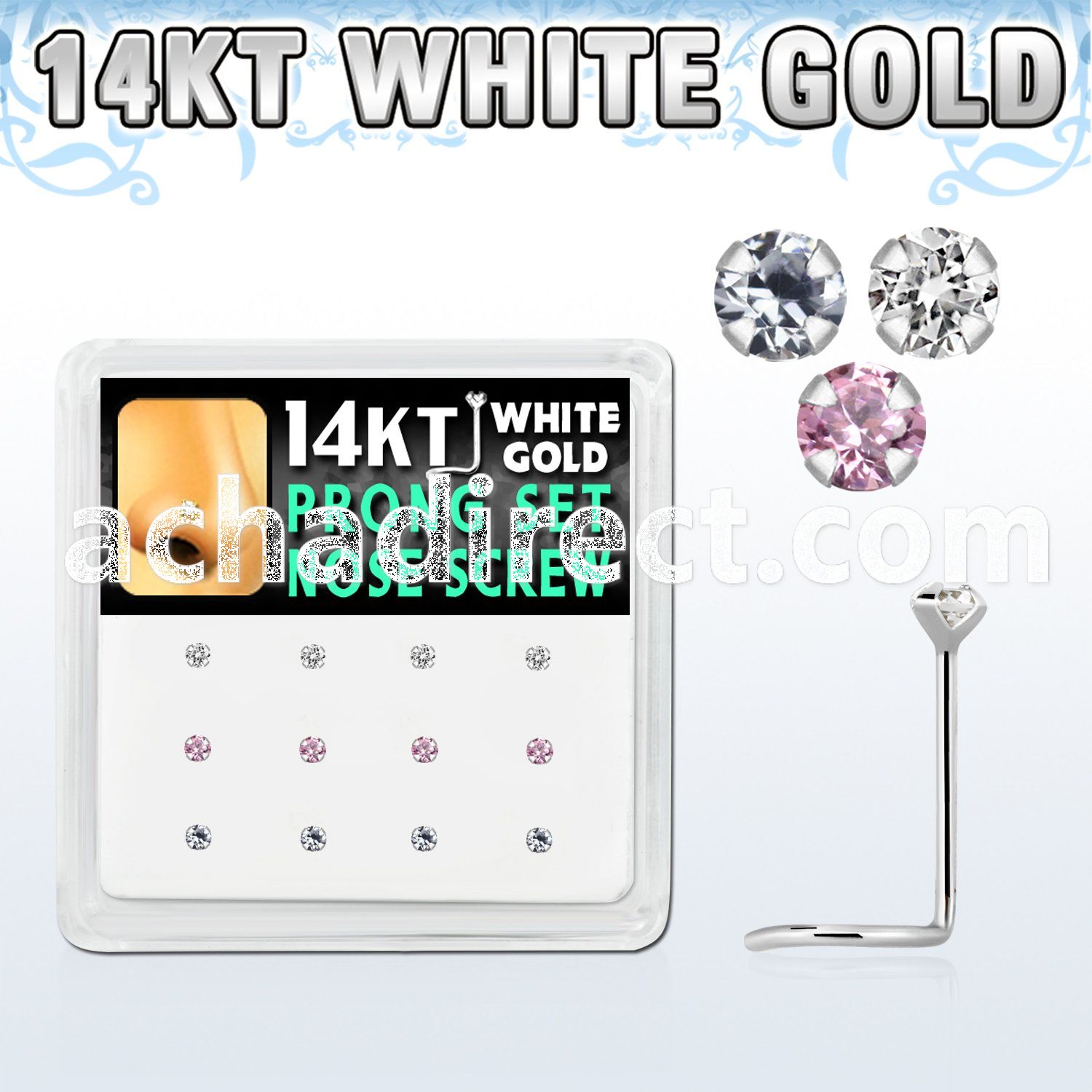 dwsc4 box w 12 pc of 14kt white gold nose screw w 2mm czs