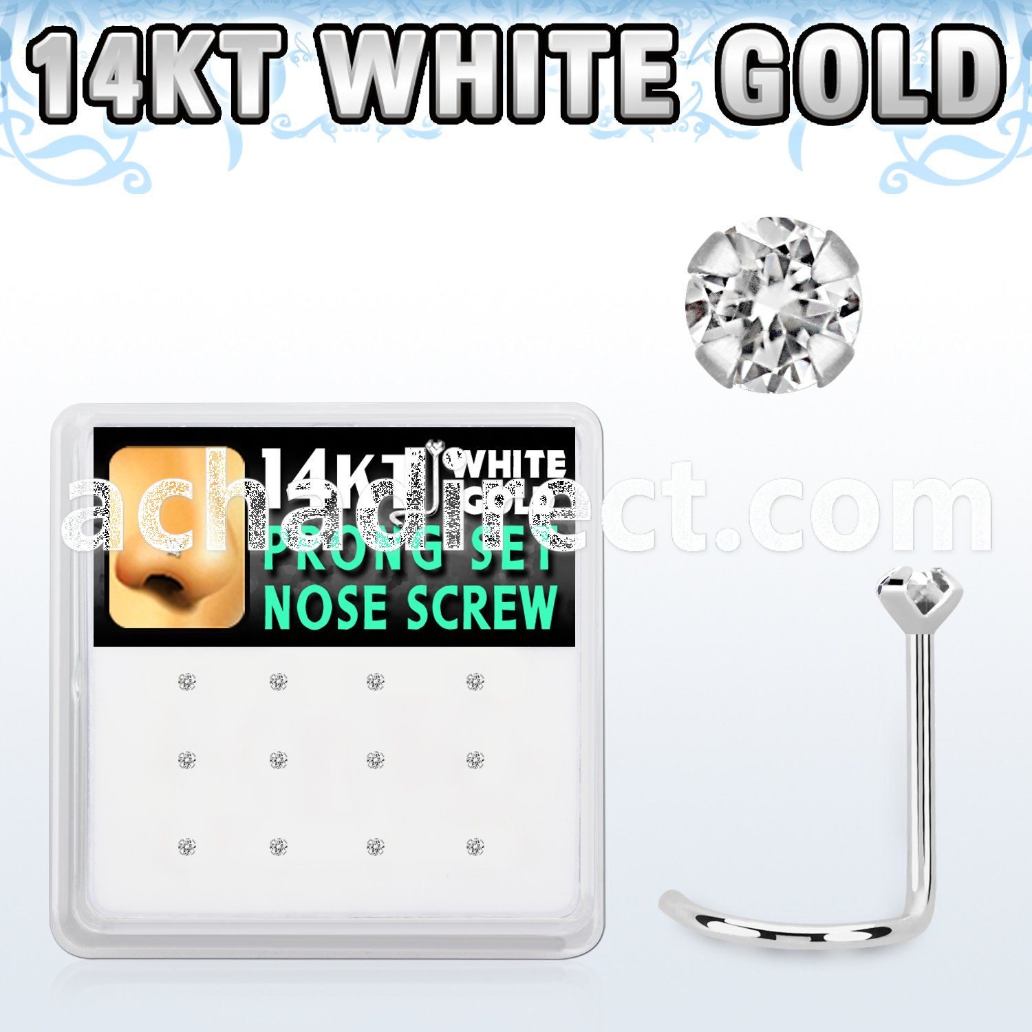 dwsc5 box of 14kt white gold nose screws w 1 5mm prong set cz