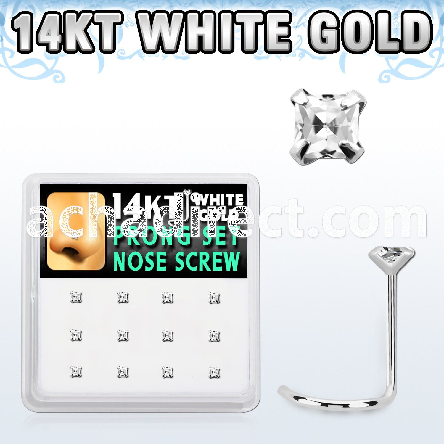 dwsc6 box of 14kt white gold nose screws w square prong set cz