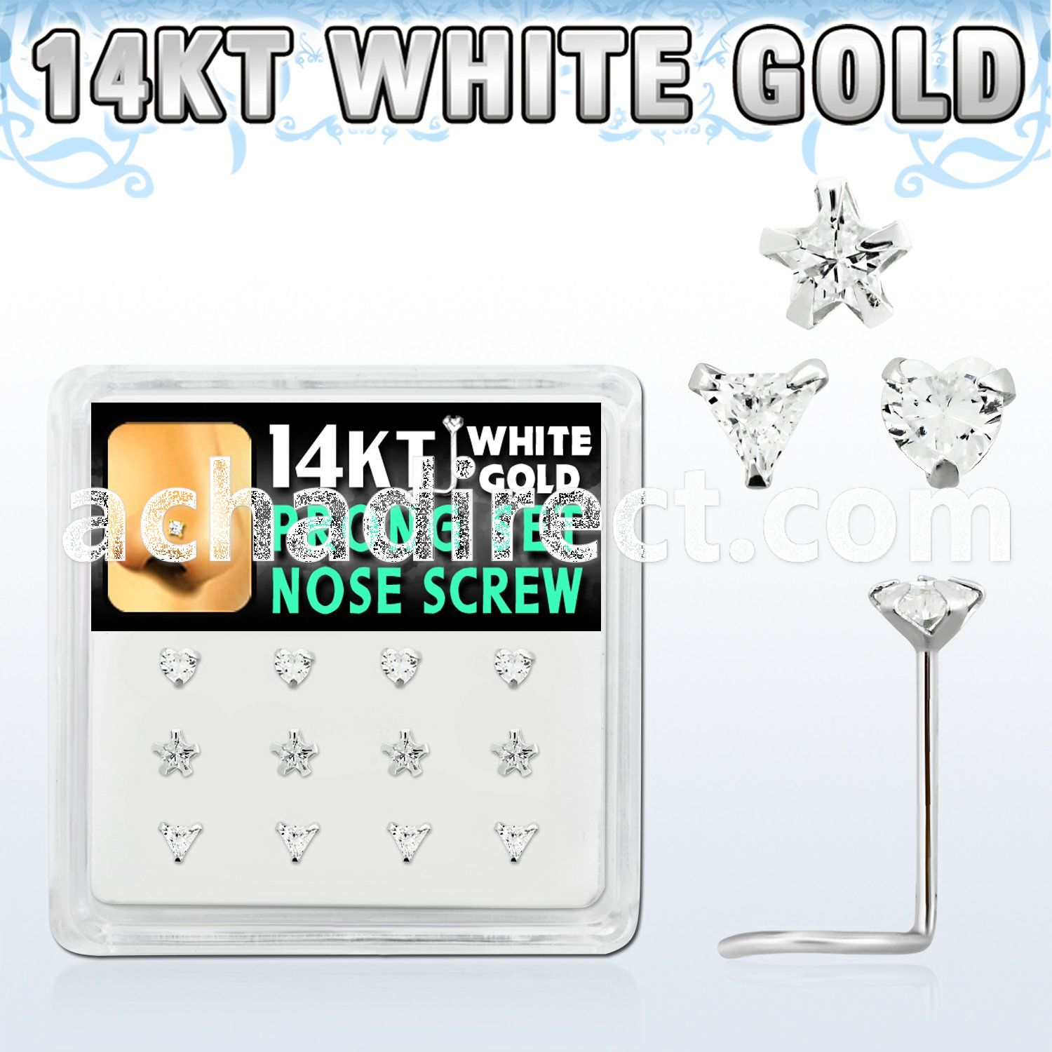 dwsc9 box w 12 pc of 14kt white gold nose screw w assorted cz
