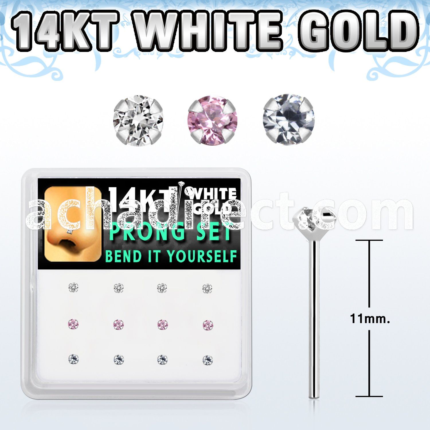 dwys10 box w 14kt white gold bend it nose studs w 2mm mixed czs