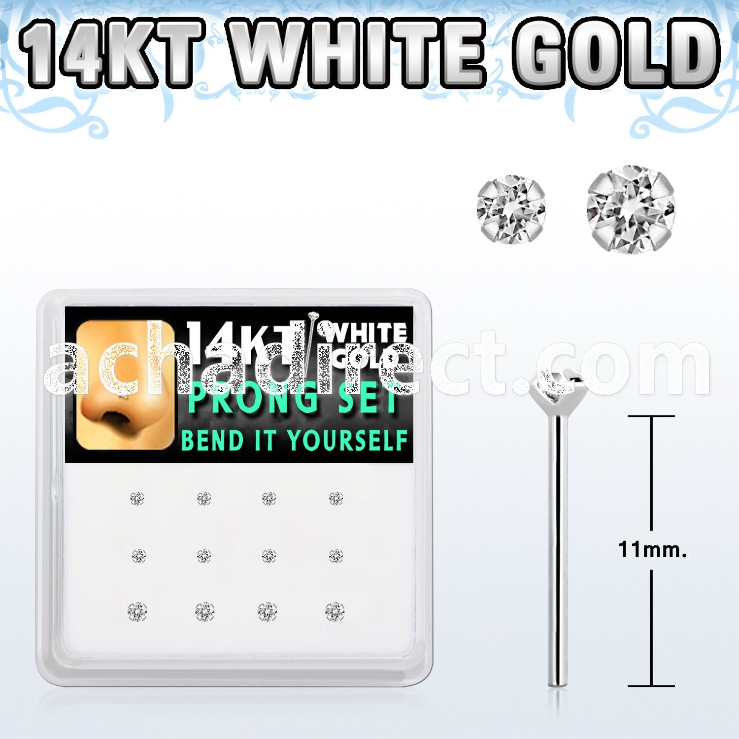dwys11 box w 14kt white gold bend it nose stud w 1.5 2mm cz