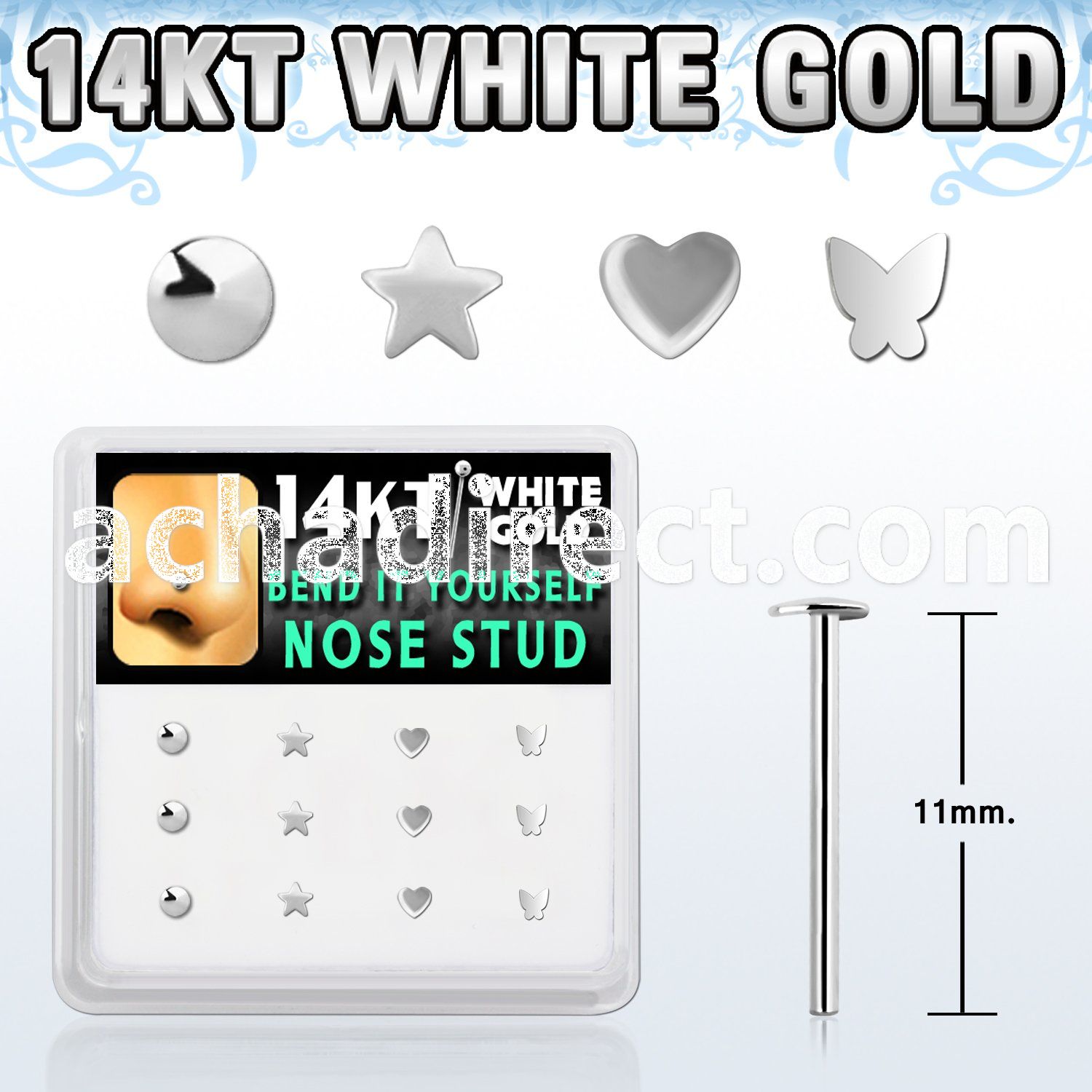 dwys18 box w 14kt white gold bend it nose studs w mix plain top