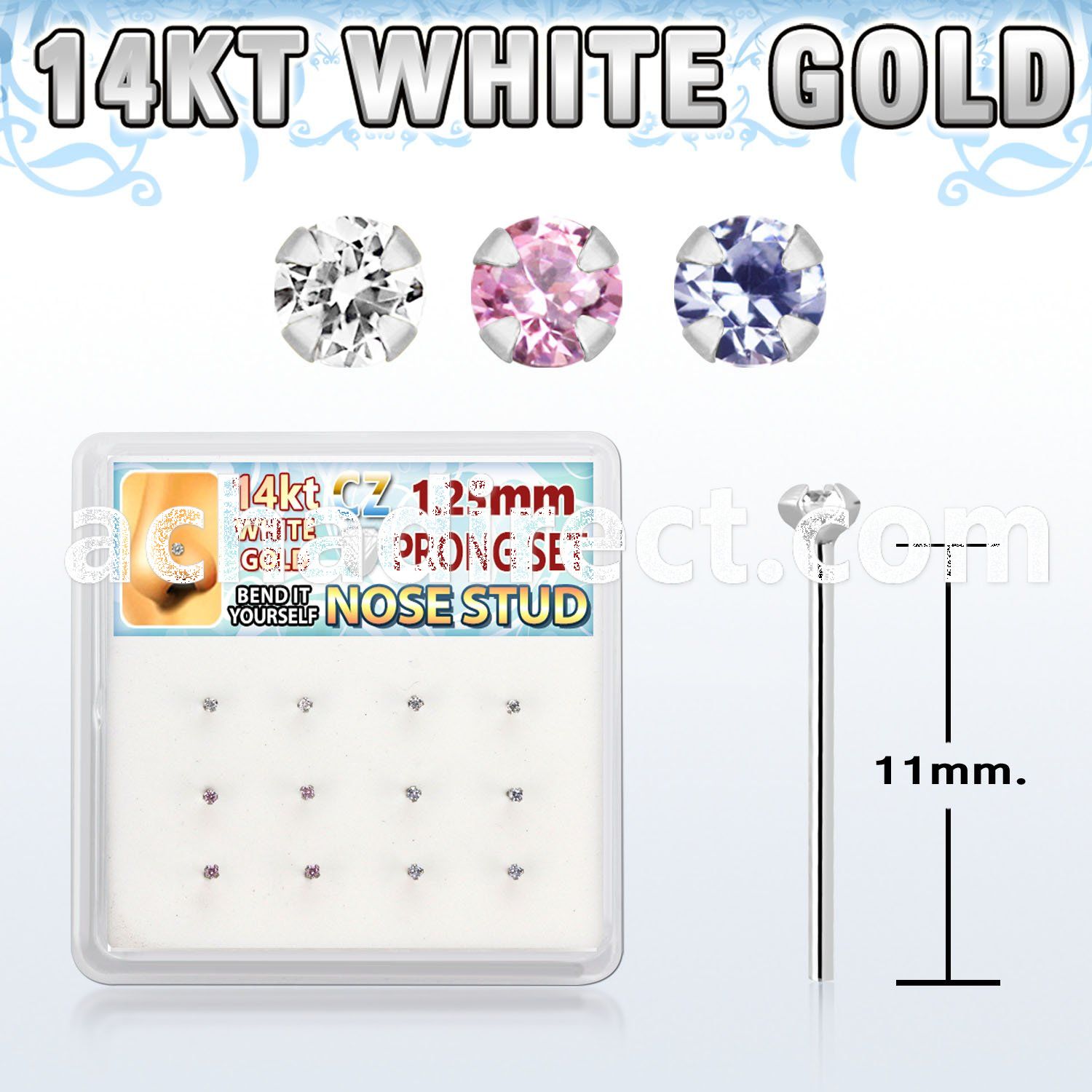 dwys23 box w 14kt white gold bend it nose stud 1.2mm round cz 