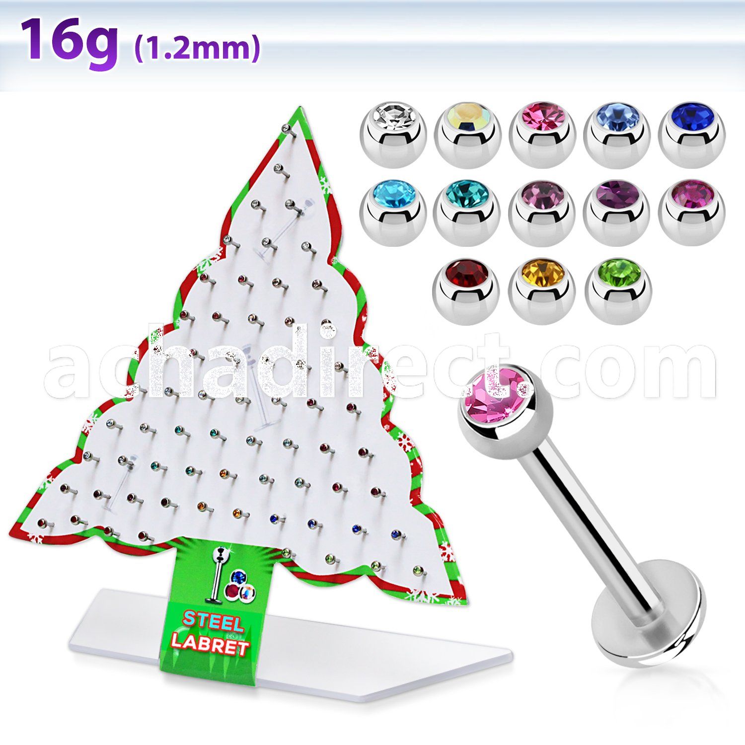 dxmas2 xmas tree display of 316l steel labret with bezel ball