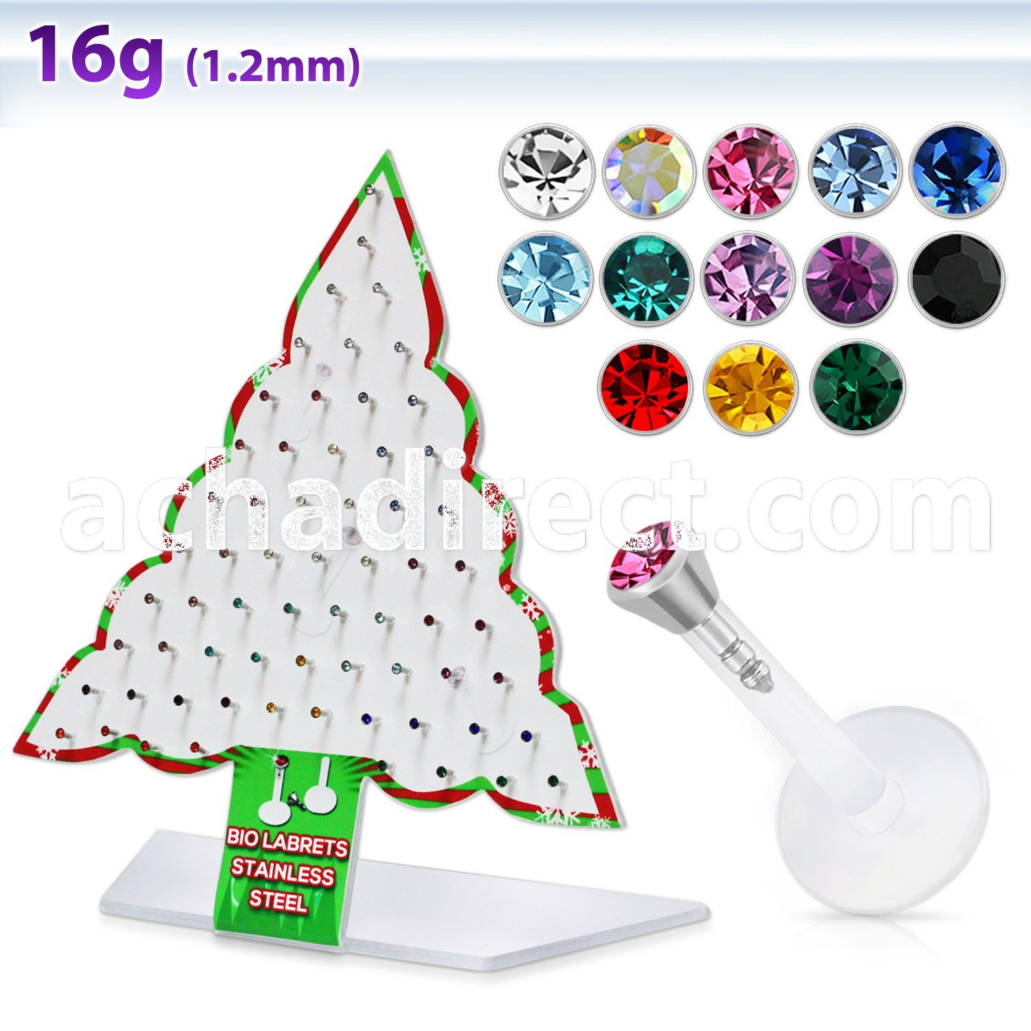 dxmas4 xmas tree display of bio flex labret w push in jewel
