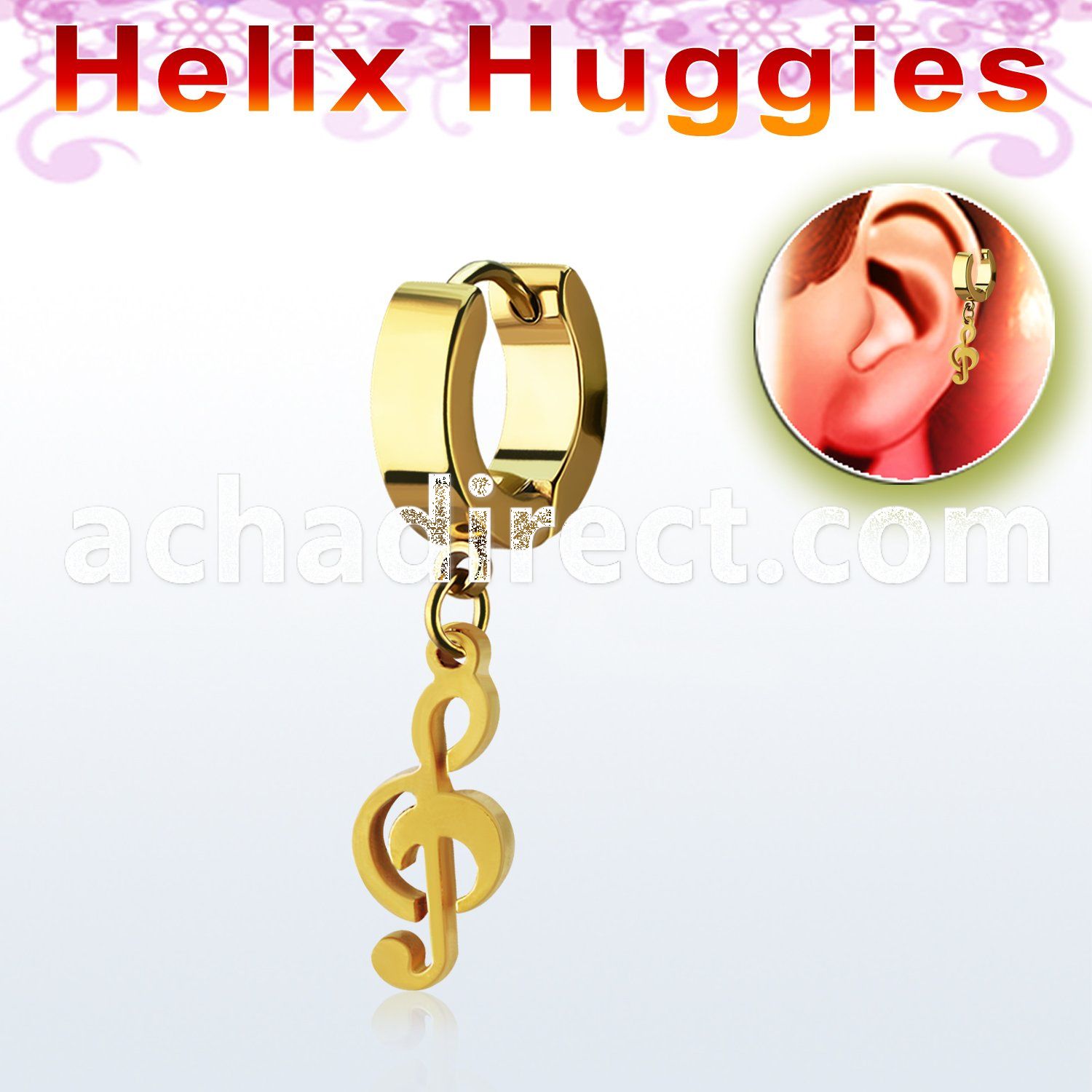 ehg709 gold steel helix huggie w dangling gold musical note