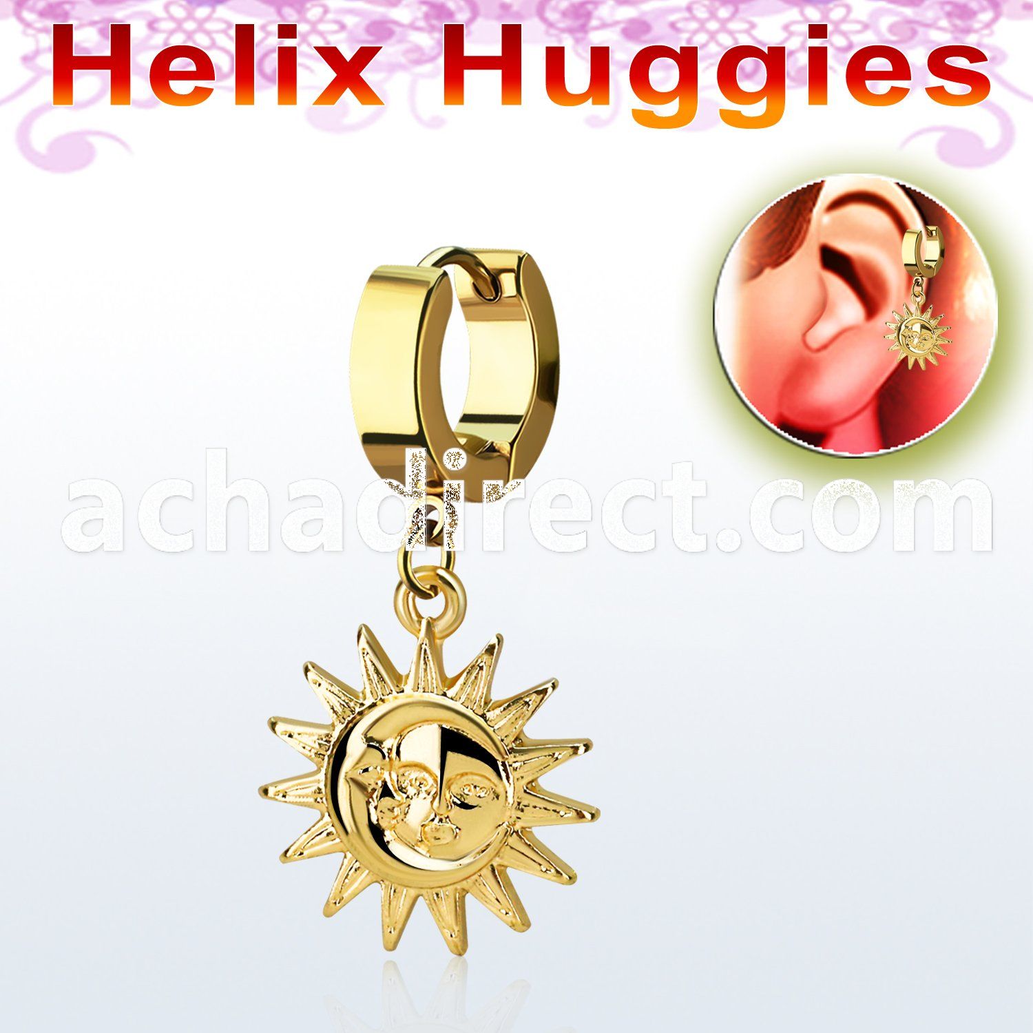 ehg726 gold steel helix huggie w dangling gold colored sun
