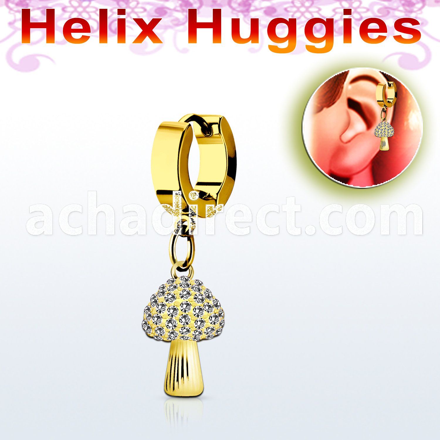 ehg764 gold stainless steel helix huggie w crystal mushroom 