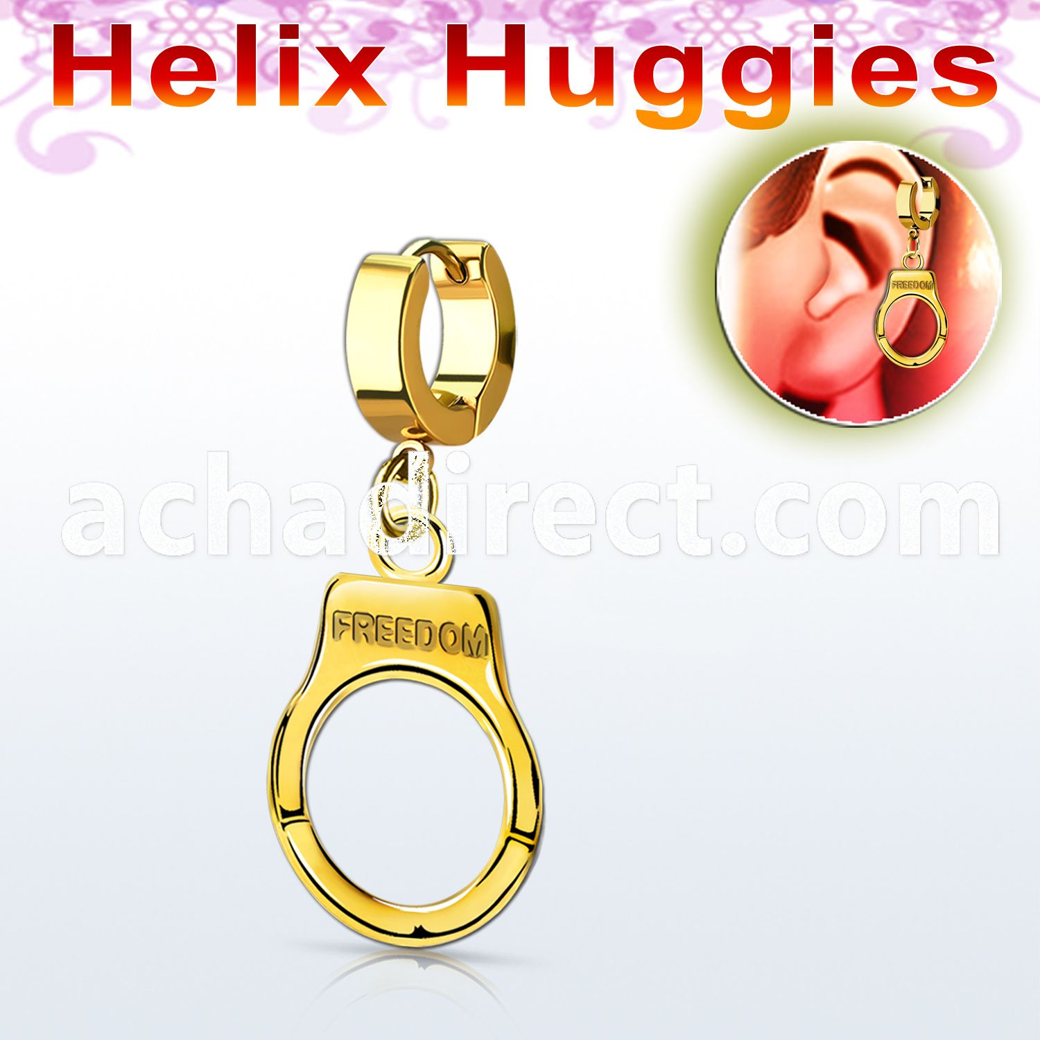 ehg765 gold stainless steel helix huggie w dangling handcuff