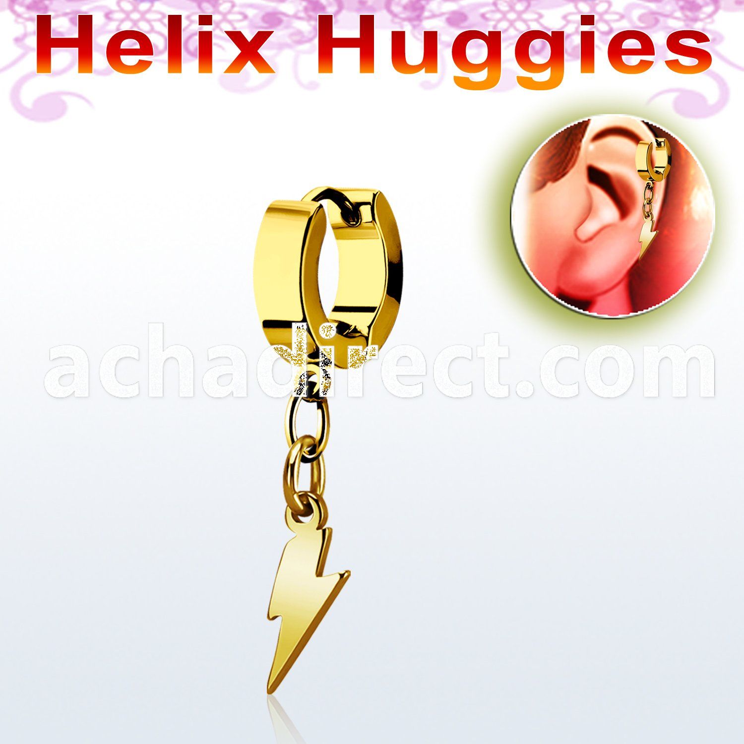 ehglit gold stainless steel helix huggie w dangling lightning 