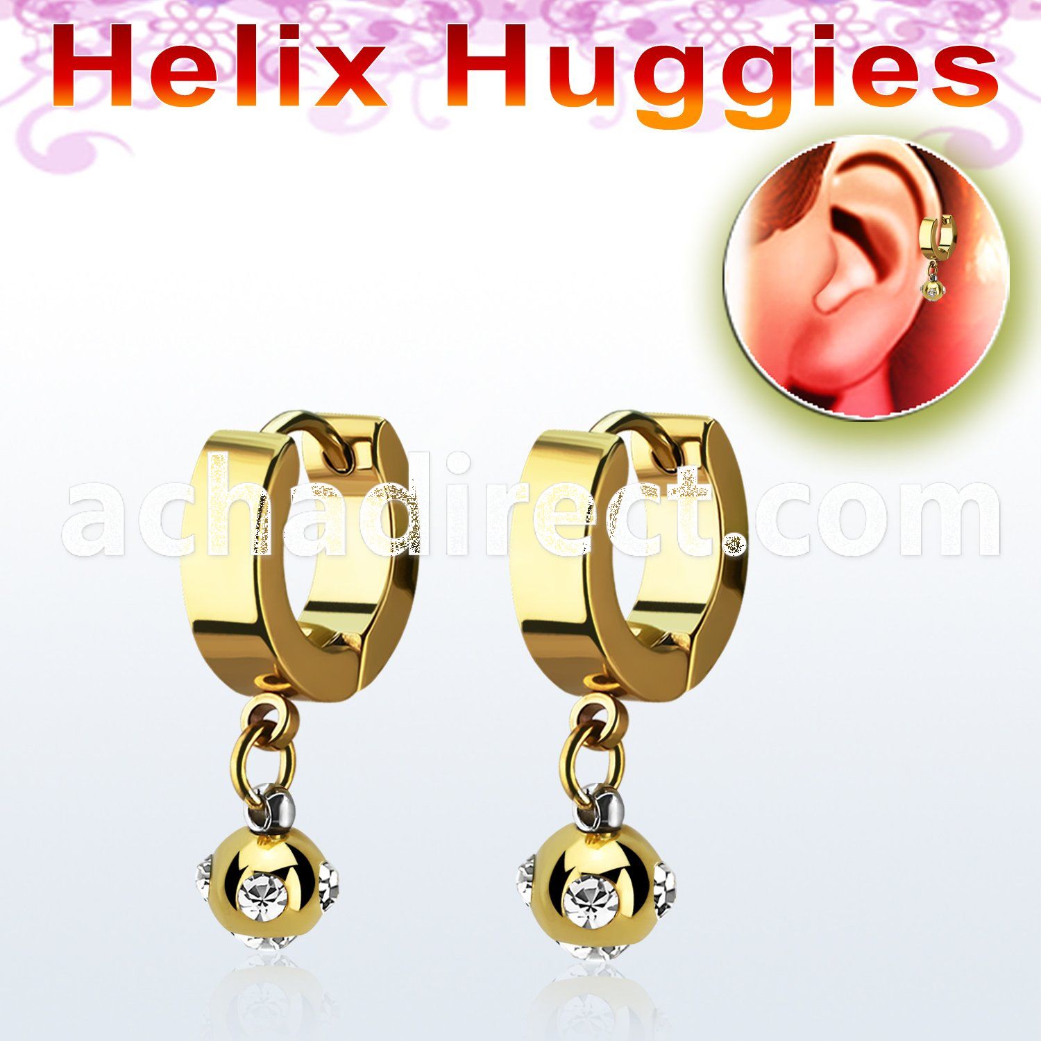 ehgmjt gold steel helix huggie w dangling gold ball