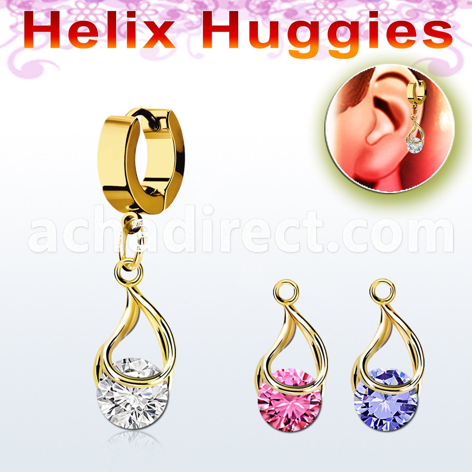 ehgz416 gold stainless steel helix huggie w dangling snap fit cz