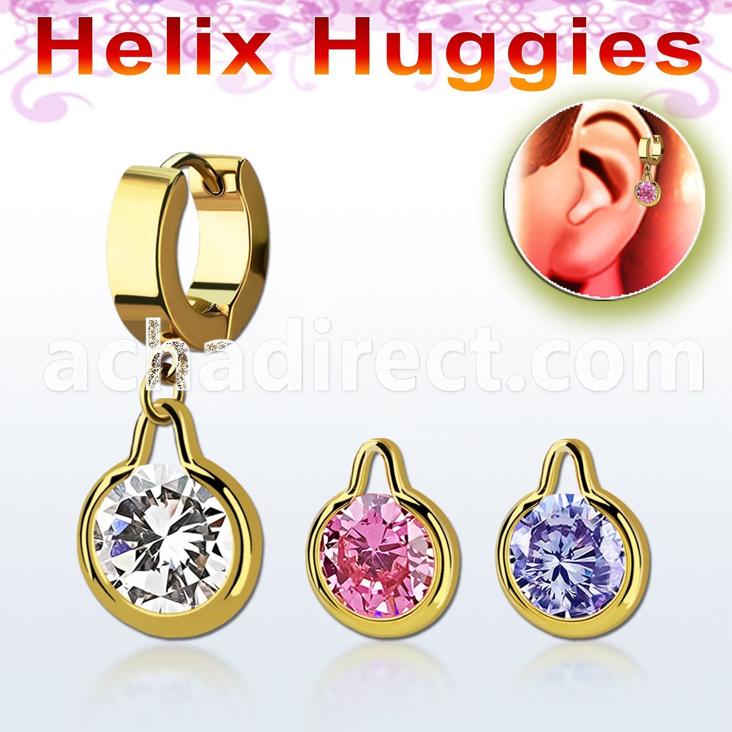 ehgz417 gold steel helix huggie earring w round dangling w cz
