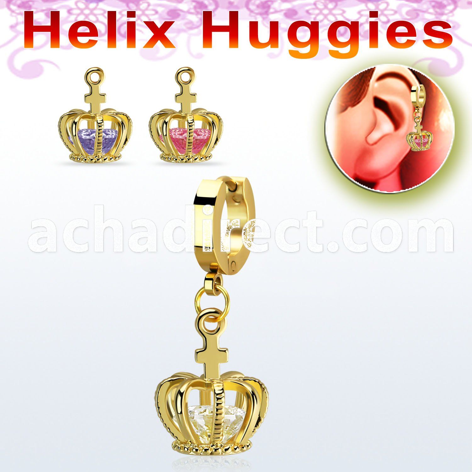 ehgz590 gold stainless steel helix huggie w dangling crown w cz