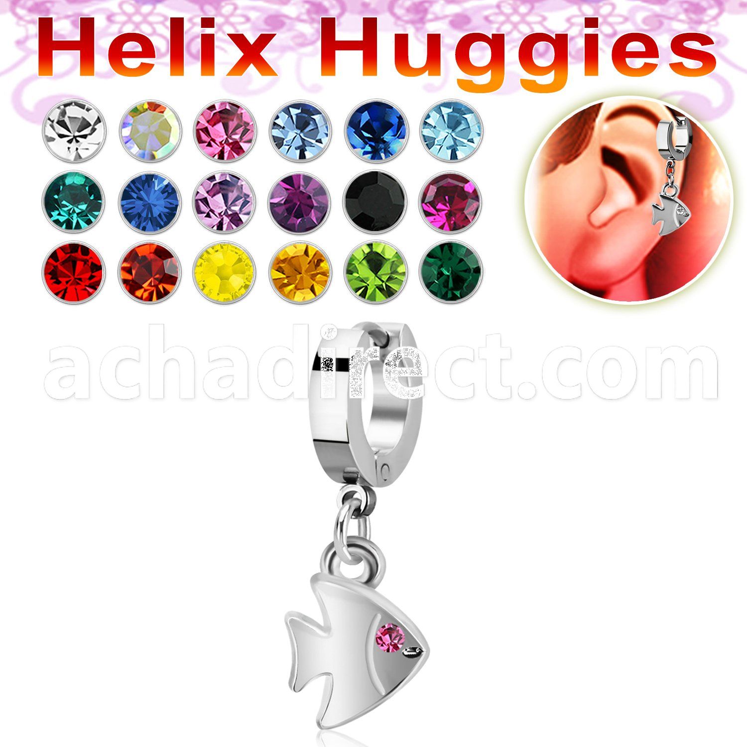 ehh445 steel helix huggie w fish with a crystal eye 
