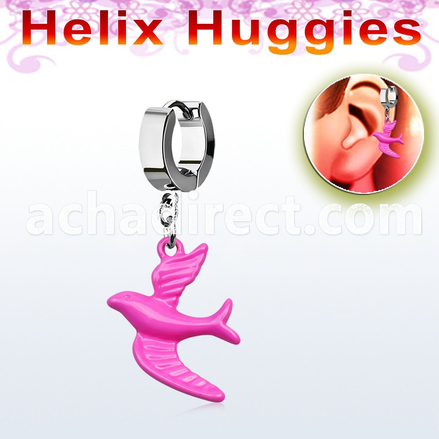ehh454 steel helix huggie w pink color painted bird 